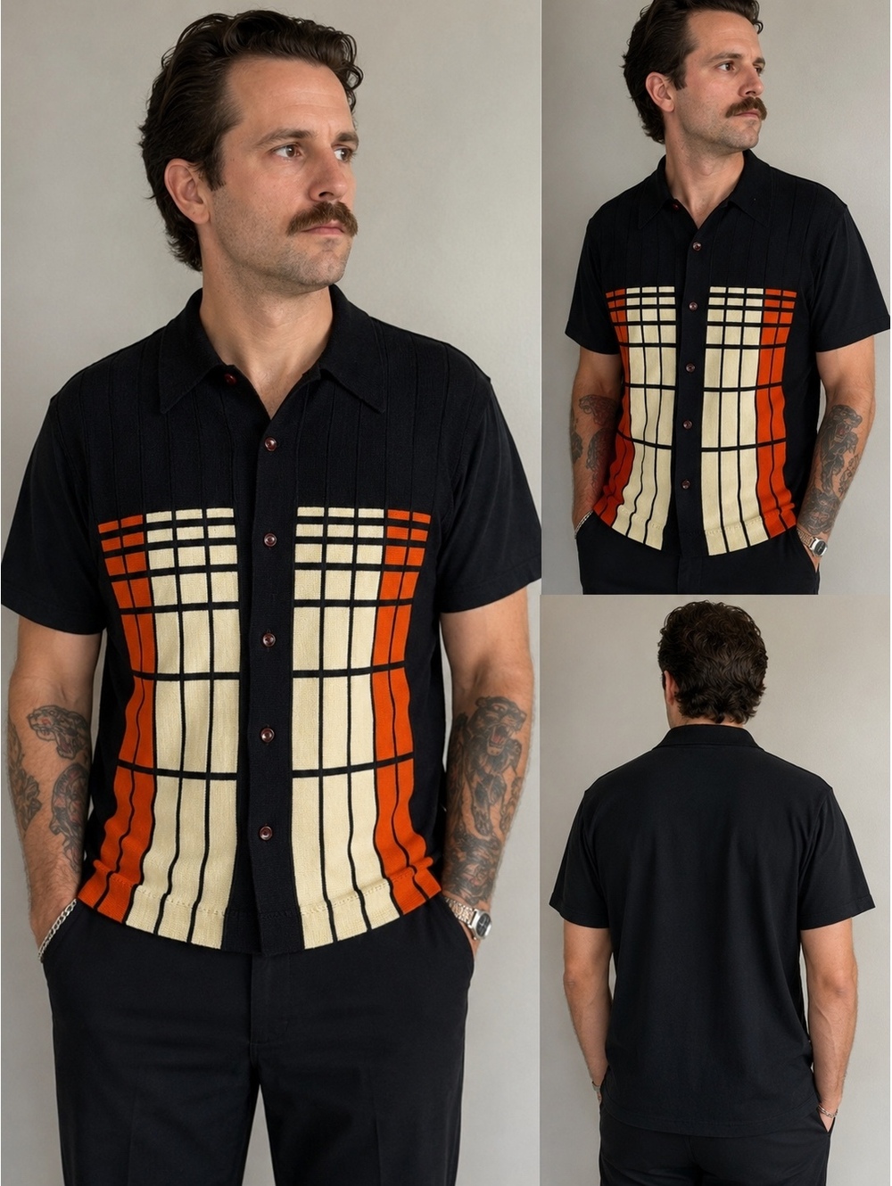 Vintage 1970s Sears Knit Collection Shirt Mod Geometric Black Orange Retro